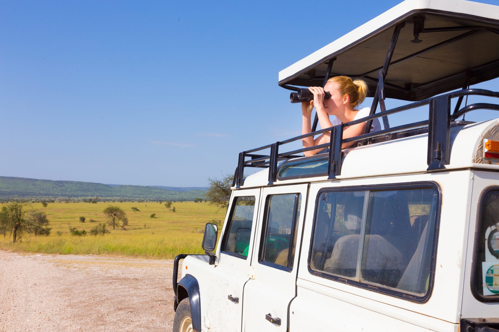 Young,Blond,Lady,On,Safari,Standing,In,Open,Roof,Jeep